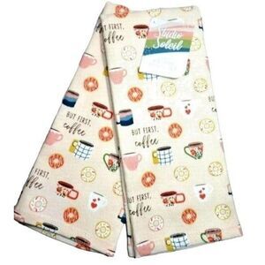 Studio Soleil But Coffee First Kitchen Tea Towels 2pc Doughnuts Terry Cotton NEW